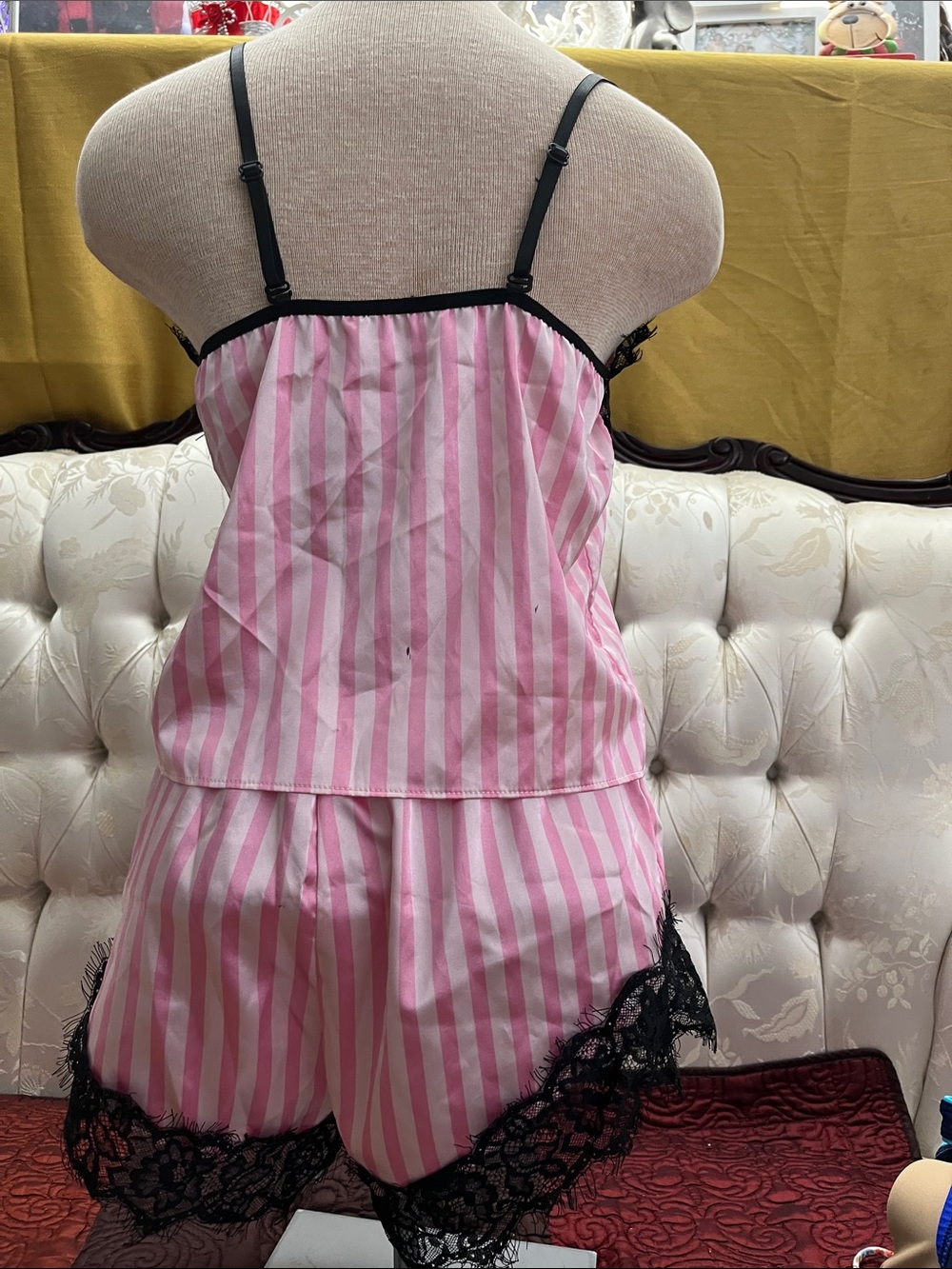 Pink Striped Satin Sleep Short Set with Black Lace Trim - Picture 3 of 4